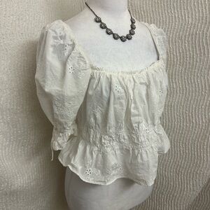 Divided White Boho Baby Doll Top Size Medium Eyelet Bows Off Shoulder Coquette